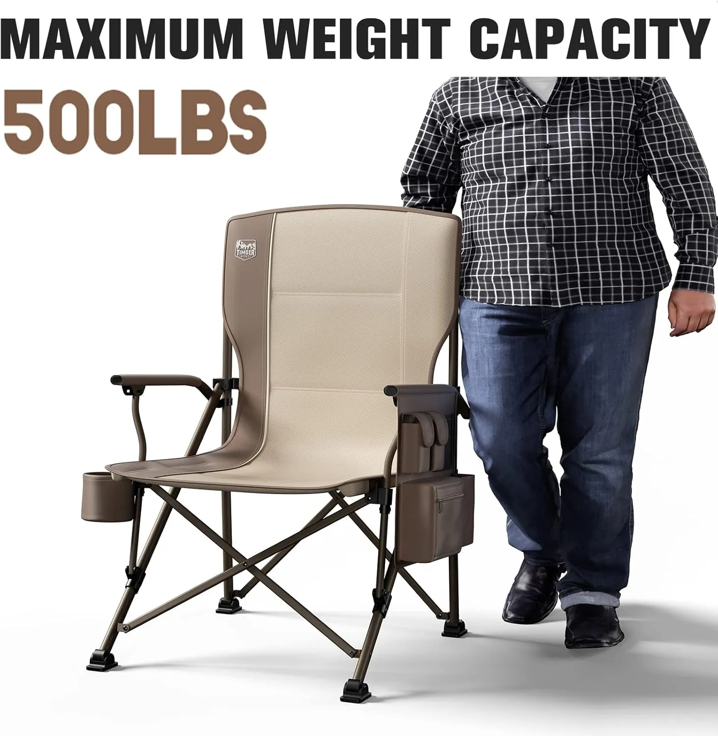 TIMBER RIDGE Oversized Folding Camping Chair High Back Heavy Duty for Adults Support up to 500lbs with Cup Holder, Side Pocket Cooler Bag