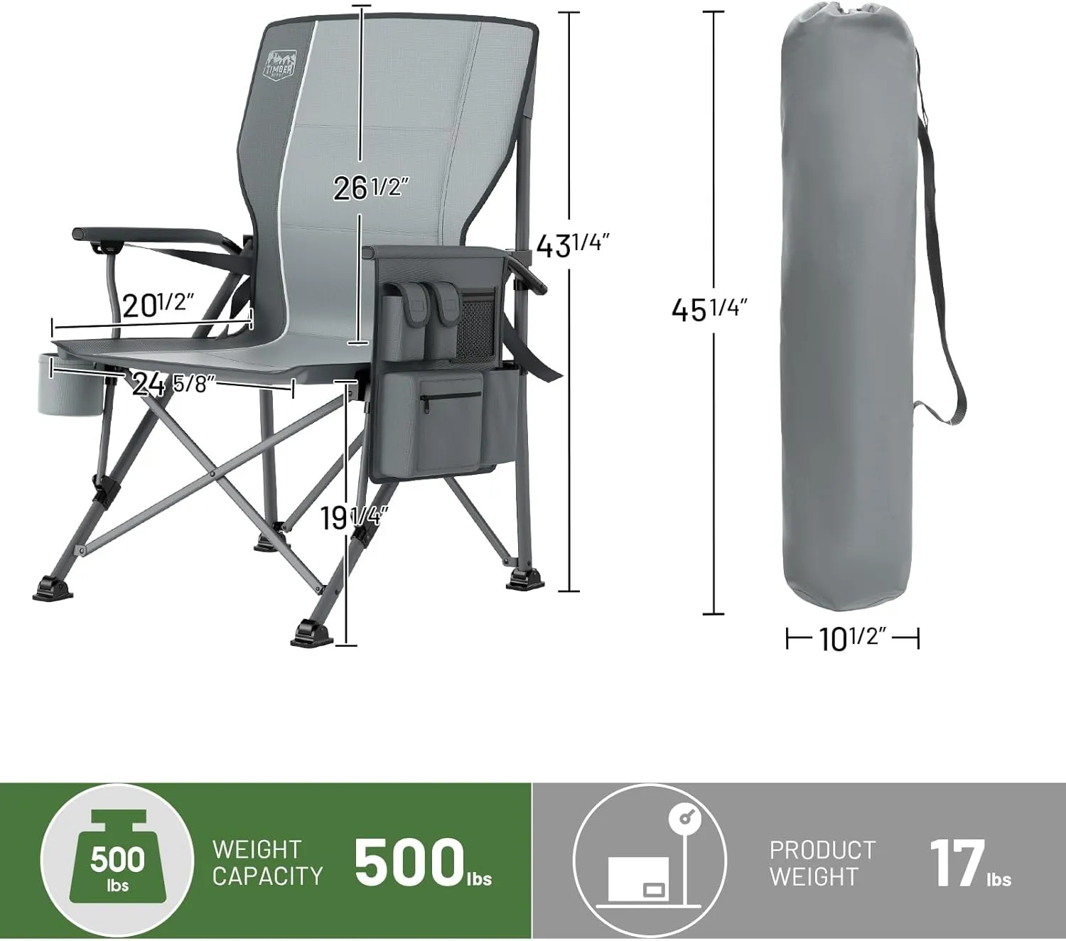 TIMBER RIDGE Oversized Folding Camping Chair with Lumbar Support Adjustable High Back Heavy Duty for Adults Support up to 500lbs with Cup Holder, Cooler Bag, Side Pocket, Grey