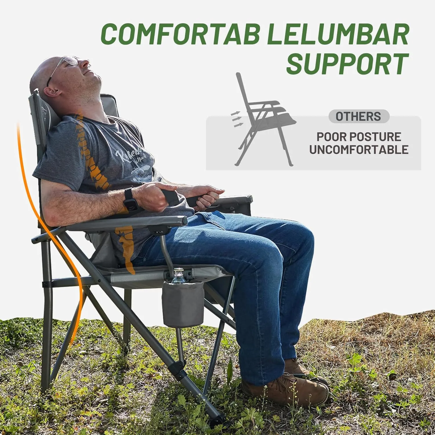 TIMBER RIDGE Oversized Folding Camping Chair with Lumbar Support Adjustable High Back Heavy Duty for Adults Support up to 500lbs with Cup Holder, Cooler Bag, Side Pocket, Grey