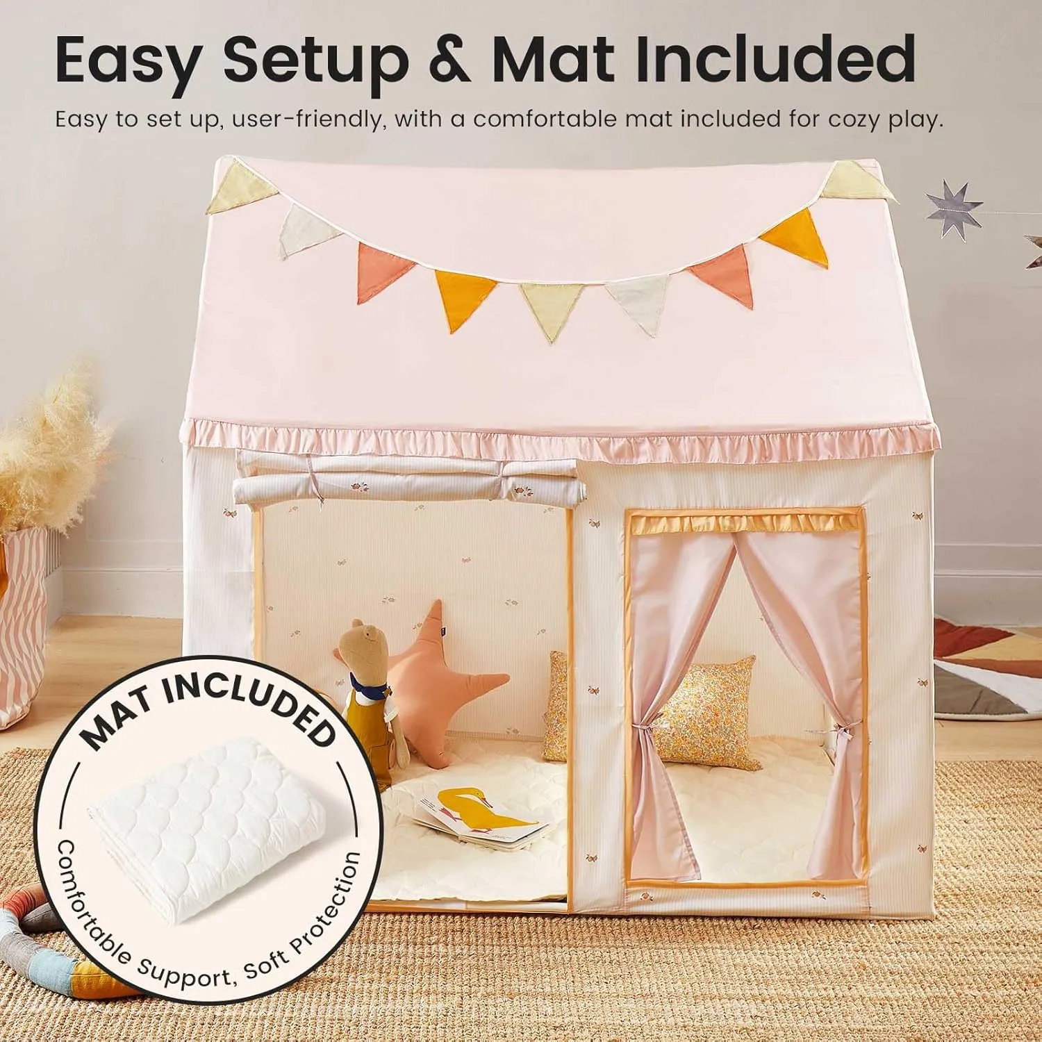 Tiny Land Kids Tent with Mat, Kids Play Tent for Toddlers, Playhouse for Kid Indoor, Ideal Toy Gift for 3  Girls, Play Room Furniture