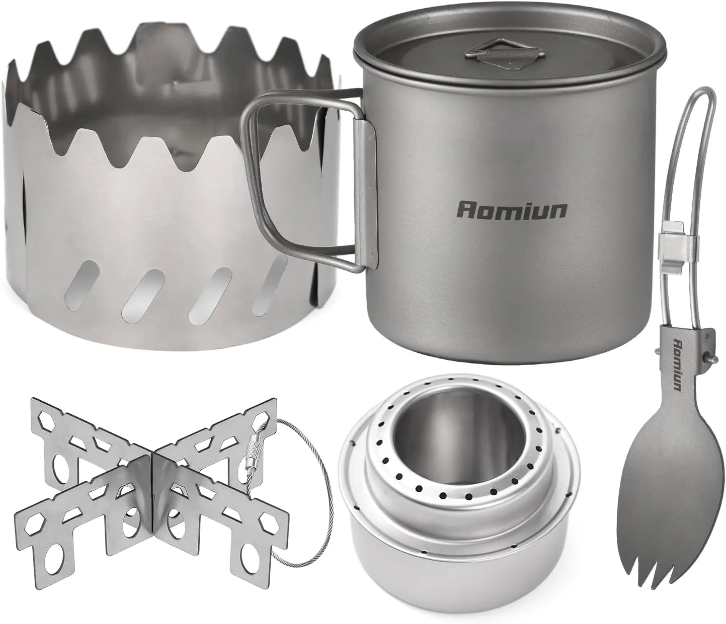 Titanium Camping Cookware 500ml Titanium Pot with Alcohol Stove, Cross Stand, Windscreen & Folding Spork, Lightweight Portable Outdoor Camping Cooking Utensil Set for Backpacking Hiking
