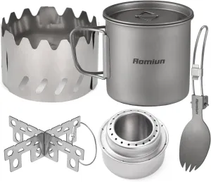 Titanium Camping Cookware 500ml Titanium Pot with Alcohol Stove, Cross Stand, Windscreen & Folding Spork, Lightweight Portable Outdoor Camping Cooking Utensil Set for Backpacking Hiking
