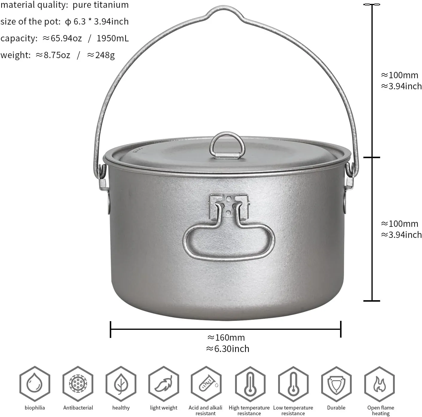 TiTo Titanium 1950ml Outdoor Titanium Pot with Lid Folding Bail Handle Ultralight Portable Kitchen Cookware Hanging ​Pot for Camping Hiking Picnic Backpacking Soup Pot