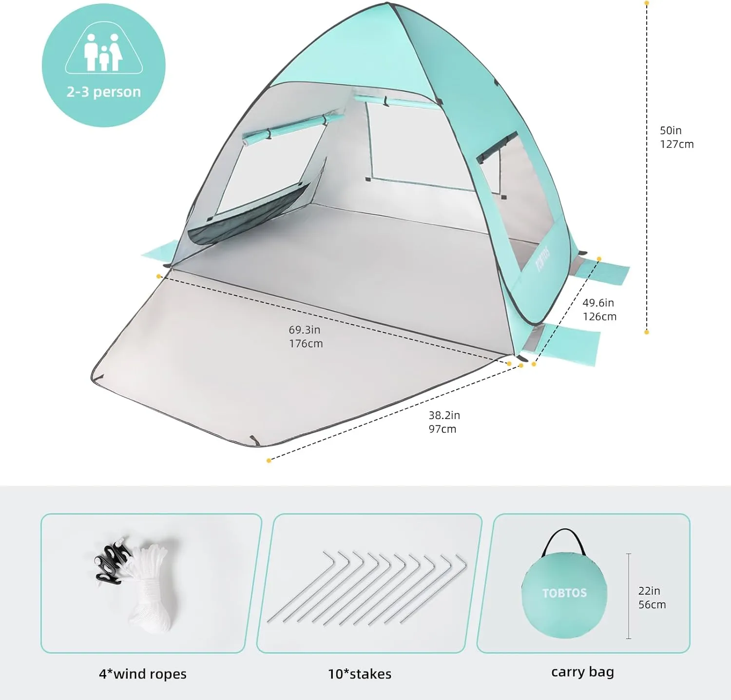 TOBTOS UPF 50  Pop Up Beach Tent, Easy Set Up Beach Umbrella, Sun Shelter for 2-3 People UV Protection Portable Sunshade, Baby Canopy Cabana, Lightweight with Carry Bag