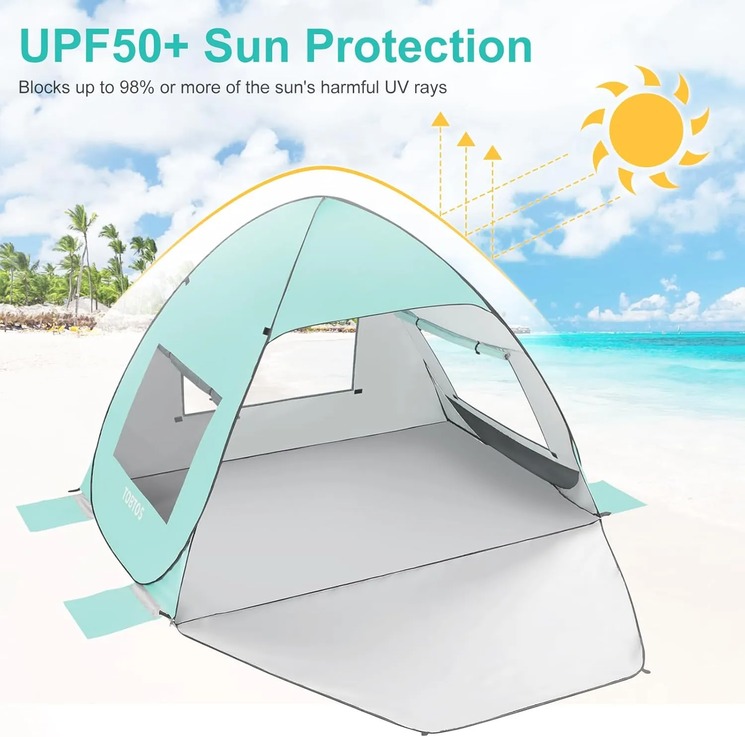 TOBTOS UPF 50  Pop Up Beach Tent, Easy Set Up Beach Umbrella, Sun Shelter for 2-3 People UV Protection Portable Sunshade, Baby Canopy Cabana, Lightweight with Carry Bag