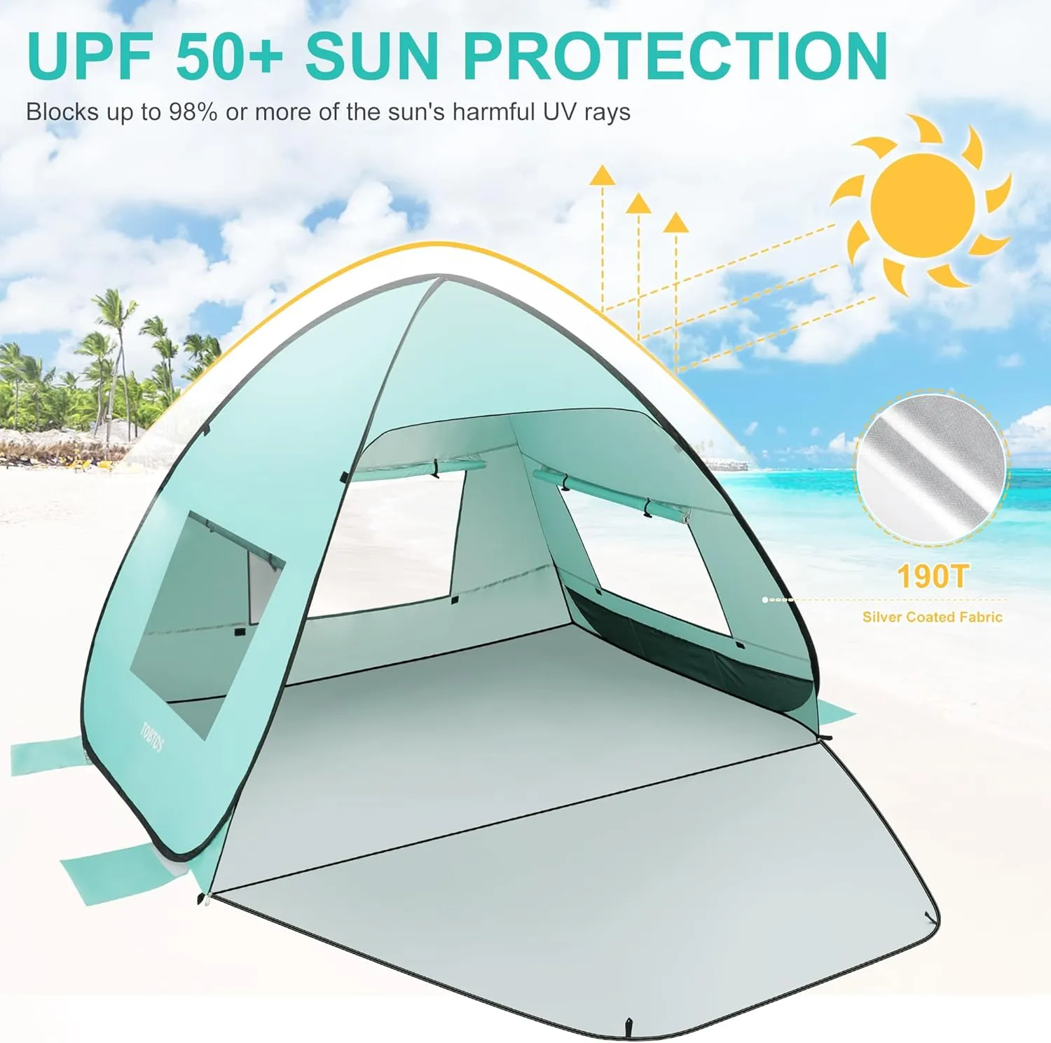 TOBTOS UPF 50  Pop Up Beach Tent, Easy Set Up Beach Umbrella, Sun Shelter for 2-3 People UV Protection Portable Sunshade, Baby Canopy Cabana, Lightweight with Carry Bag