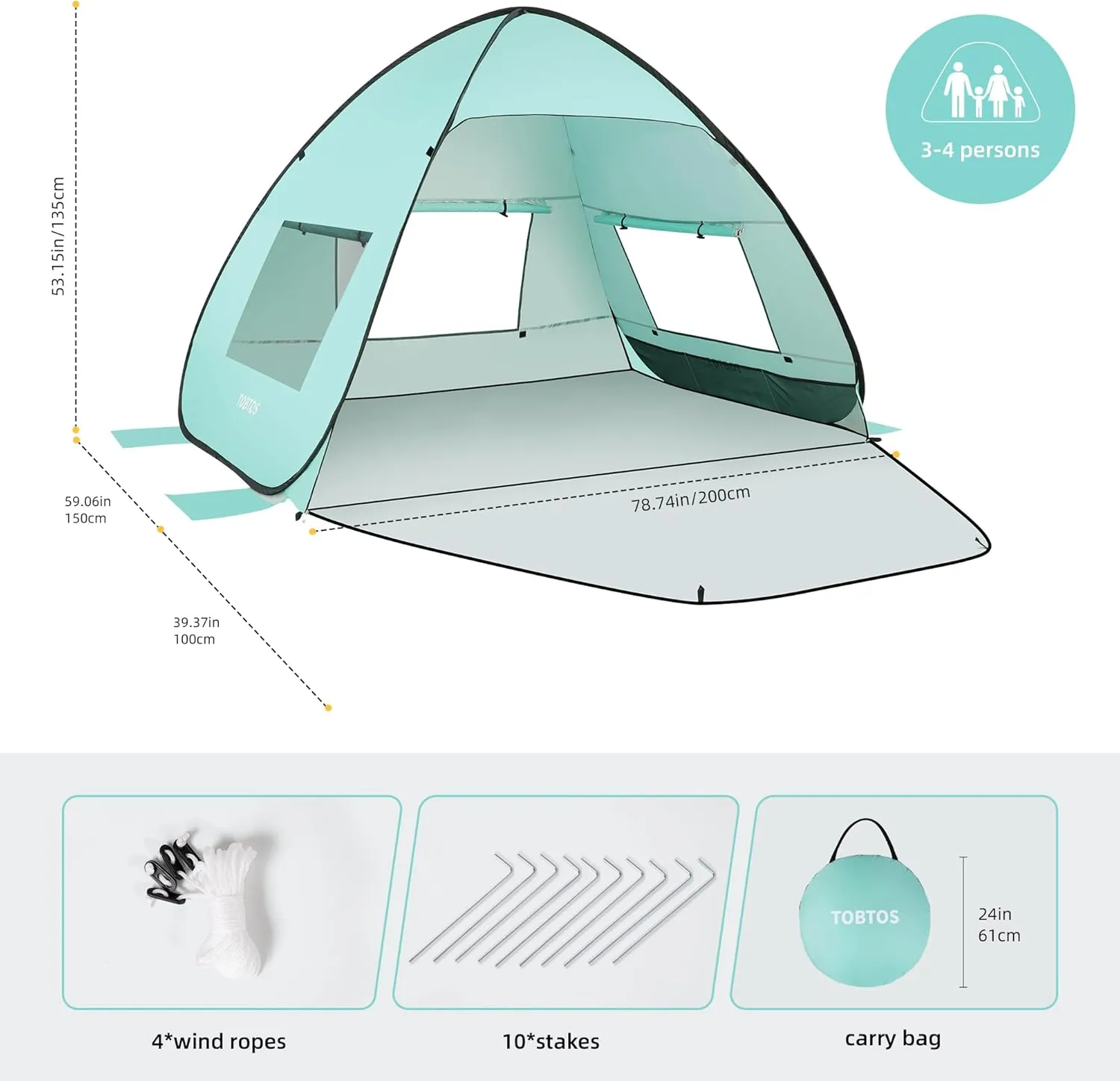TOBTOS UPF 50  Pop Up Beach Tent, Easy Set Up Beach Umbrella, Sun Shelter for 2-3 People UV Protection Portable Sunshade, Baby Canopy Cabana, Lightweight with Carry Bag