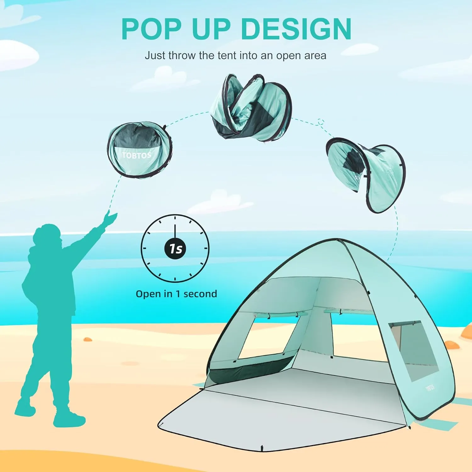 TOBTOS UPF 50  Pop Up Beach Tent, Easy Set Up Beach Umbrella, Sun Shelter for 2-3 People UV Protection Portable Sunshade, Baby Canopy Cabana, Lightweight with Carry Bag
