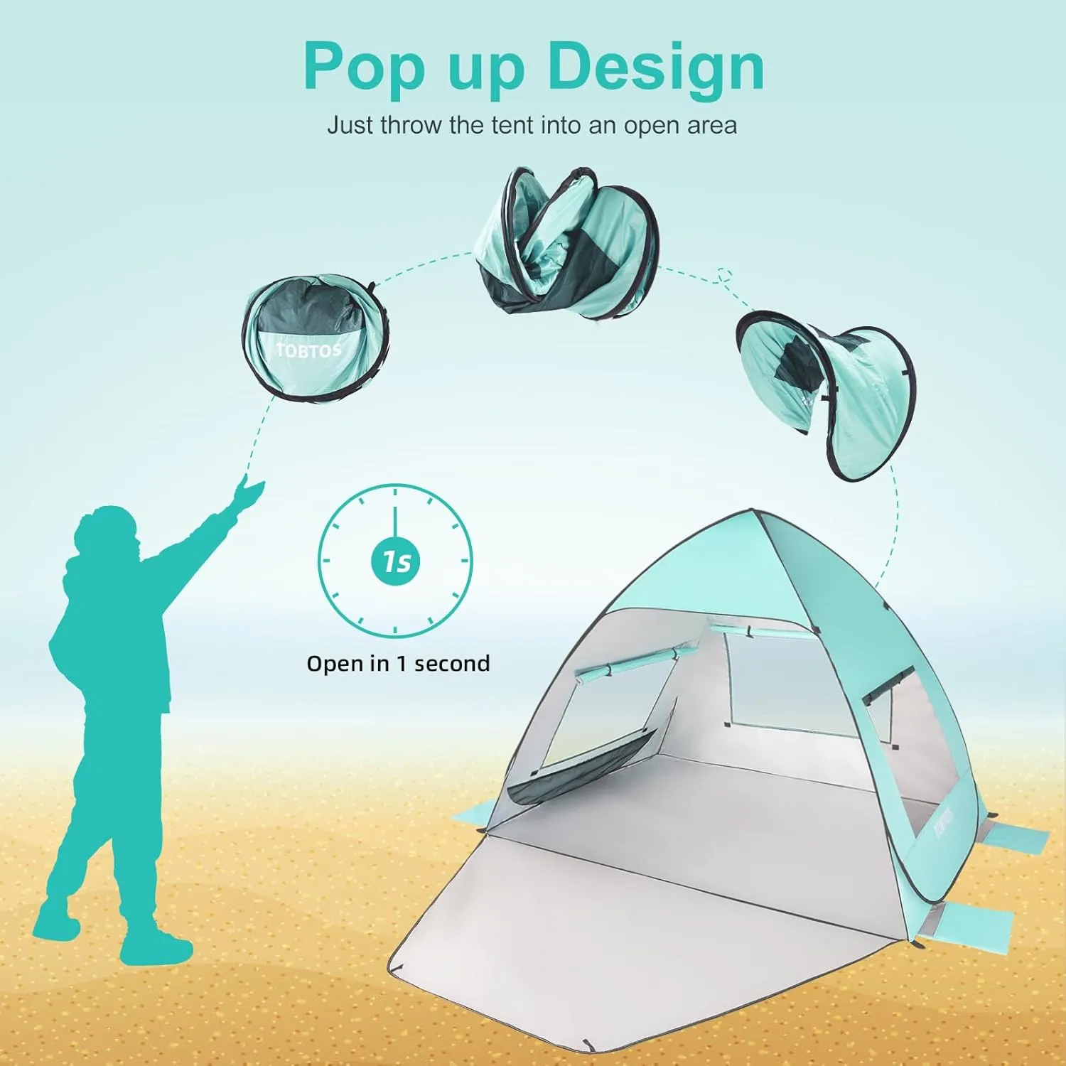 TOBTOS UPF 50  Pop Up Beach Tent, Easy Set Up Beach Umbrella, Sun Shelter for 2-3 People UV Protection Portable Sunshade, Baby Canopy Cabana, Lightweight with Carry Bag