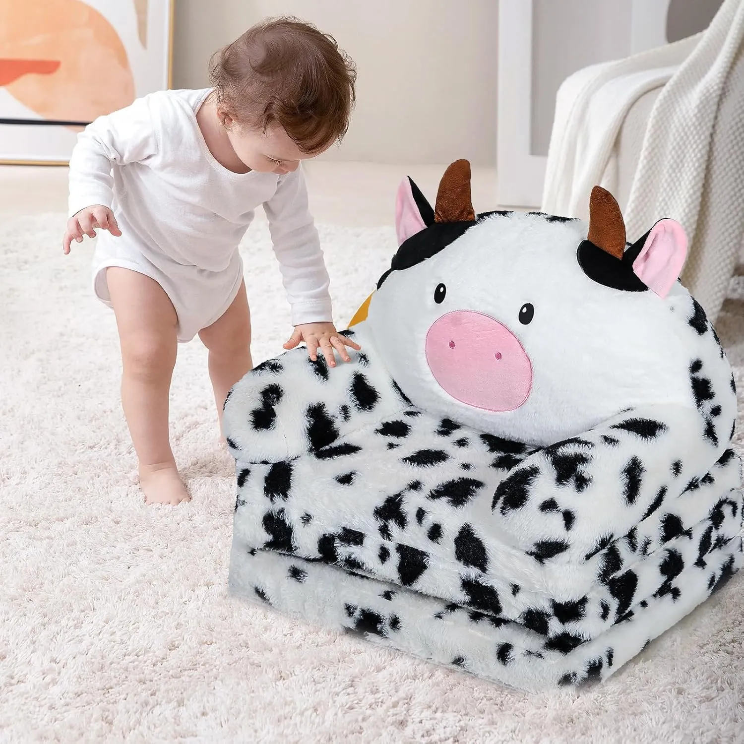 Toddler Chair Kids Sofa - Toddler Sofa Kids Couch Fold Out, 2 in 1 Flip Out Couch and Mini Sofa for Girls and Boys, Baby Couch for 1-4 Year Olds - Cute and Comfy Baby Sofa (Cow)