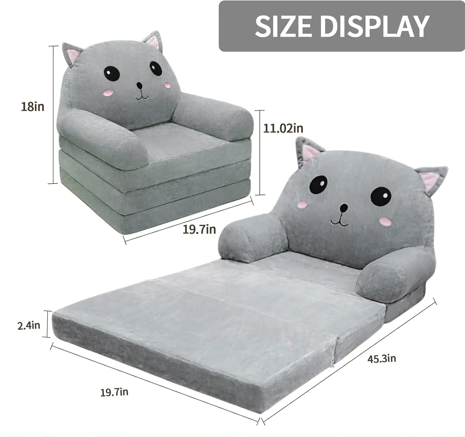 Toddler Chair Kids Sofa - Toddler Sofa Kids Couch Fold Out, 2 in 1 Flip Out Couch and Mini Sofa for Girls and Boys, Baby Couch for 1-4 Year Olds - Cute and Comfy Baby Sofa (Gray Cat)