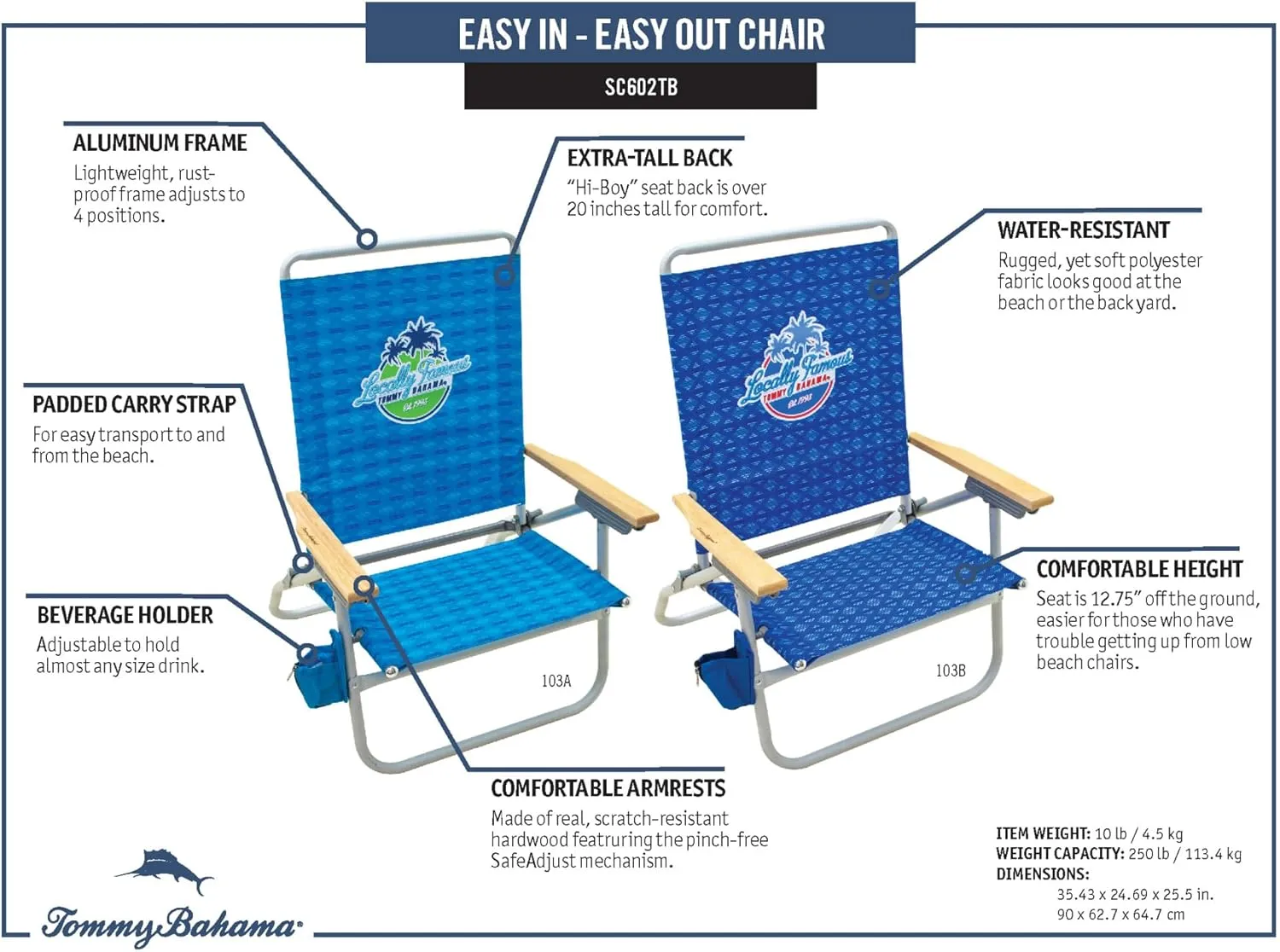Tommy Bahama 2-Pack of 4-Position Easy in-Easy Out Folding Beach Chair, Blue