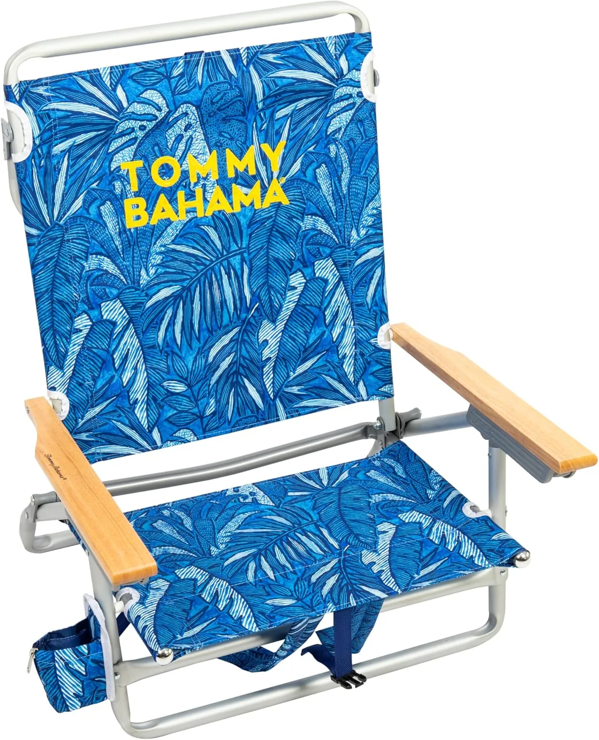 Tommy Bahama 5-Position Classic Lay Flat Backpack Beach Chair with Cooler and Cup Holder, Portable Folding Beach Chair for Tanning, Blue Tropical Leaves