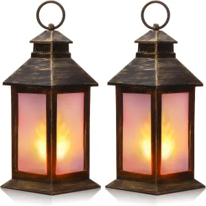 Tondiamo 2 Pcs 8.4'' Vintage Lanterns LED Indoor Lanterns Decorative Small Lamp Flame Effect Retro Battery Operated Candles for Ramadan Decoration Outdoor Hanging Patio Garden Yard Porch Decor(Bronze)