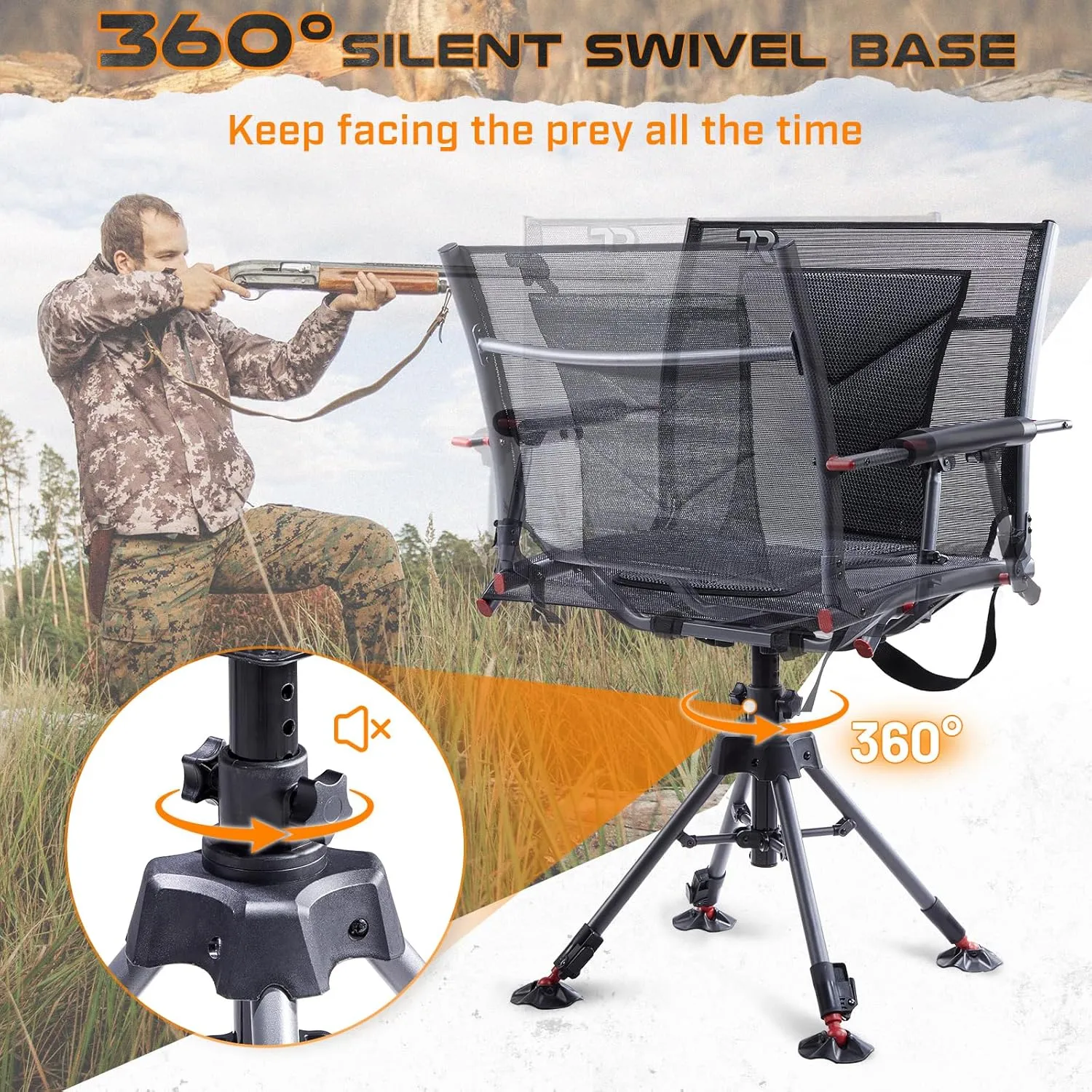 TR 360 Degree Swivel Hunting Chair,400 lbs Capacity Silent Hunting Blind Chair,4 Legs and Seat Armrests Height Adjustable,Comfortable Padded Seat,Portable Ground Hunting Chair for Deer Dove Hunting