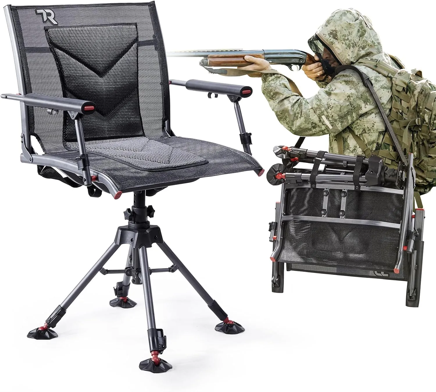 TR 360 Degree Swivel Hunting Chair,400 lbs Capacity Silent Hunting Blind Chair,4 Legs and Seat Armrests Height Adjustable,Comfortable Padded Seat,Portable Ground Hunting Chair for Deer Dove Hunting