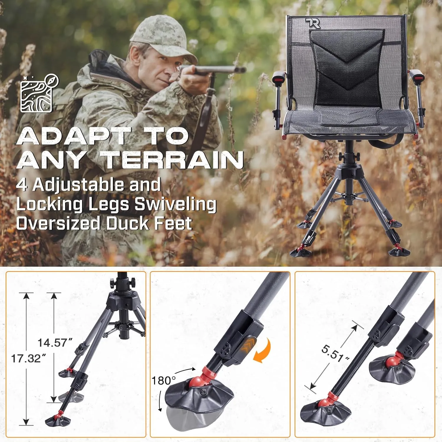 TR 360 Degree Swivel Hunting Chair,400 lbs Capacity Silent Hunting Blind Chair,4 Legs and Seat Armrests Height Adjustable,Comfortable Padded Seat,Portable Ground Hunting Chair for Deer Dove Hunting