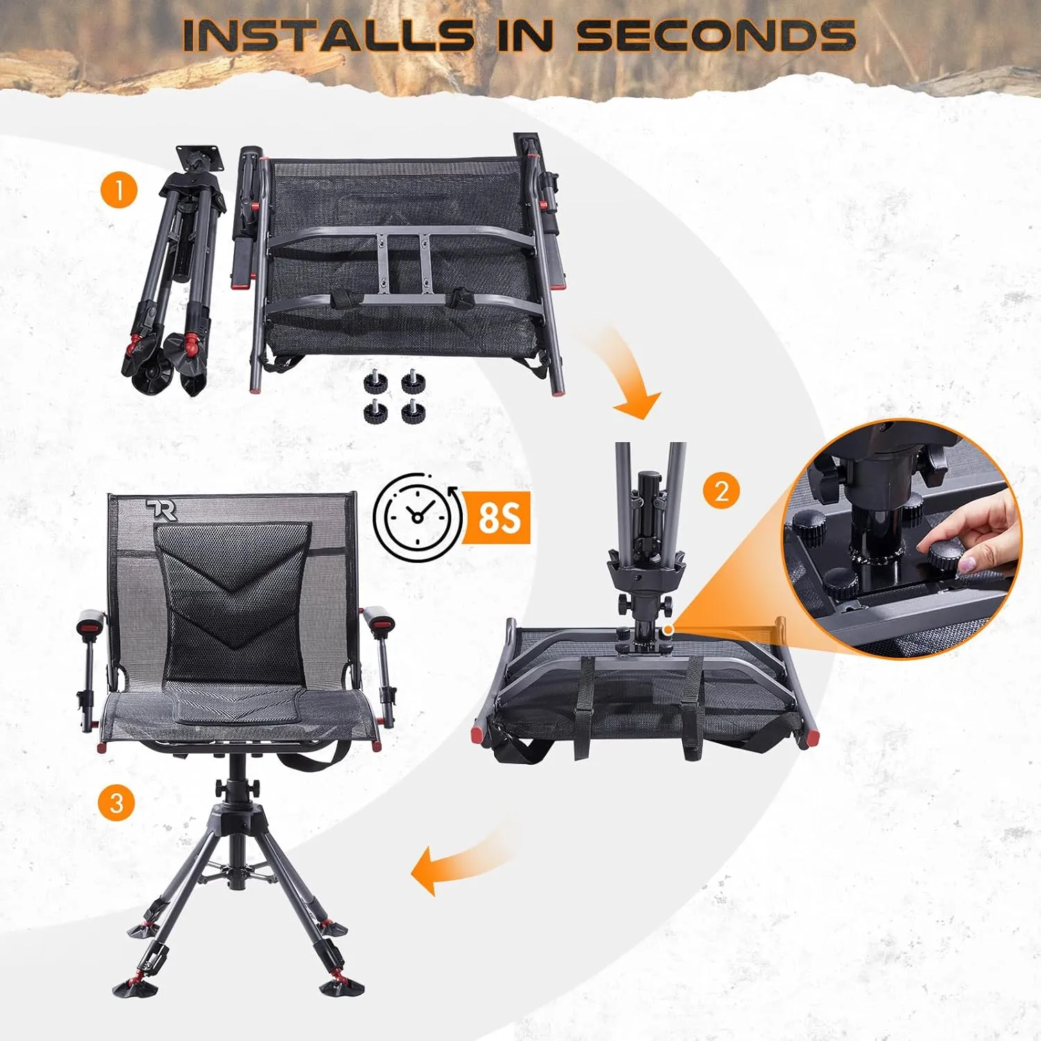 TR 360 Degree Swivel Hunting Chair,400 lbs Capacity Silent Hunting Blind Chair,4 Legs and Seat Armrests Height Adjustable,Comfortable Padded Seat,Portable Ground Hunting Chair for Deer Dove Hunting