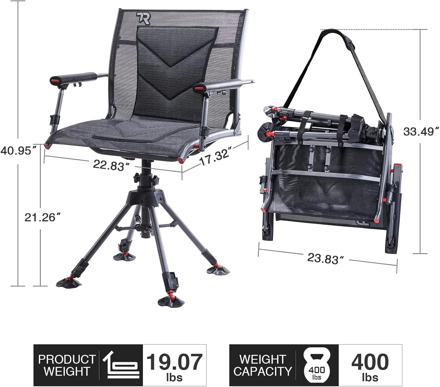 TR 360 Degree Swivel Hunting Chair,400 lbs Capacity Silent Hunting Blind Chair,4 Legs and Seat Armrests Height Adjustable,Comfortable Padded Seat,Portable Ground Hunting Chair for Deer Dove Hunting