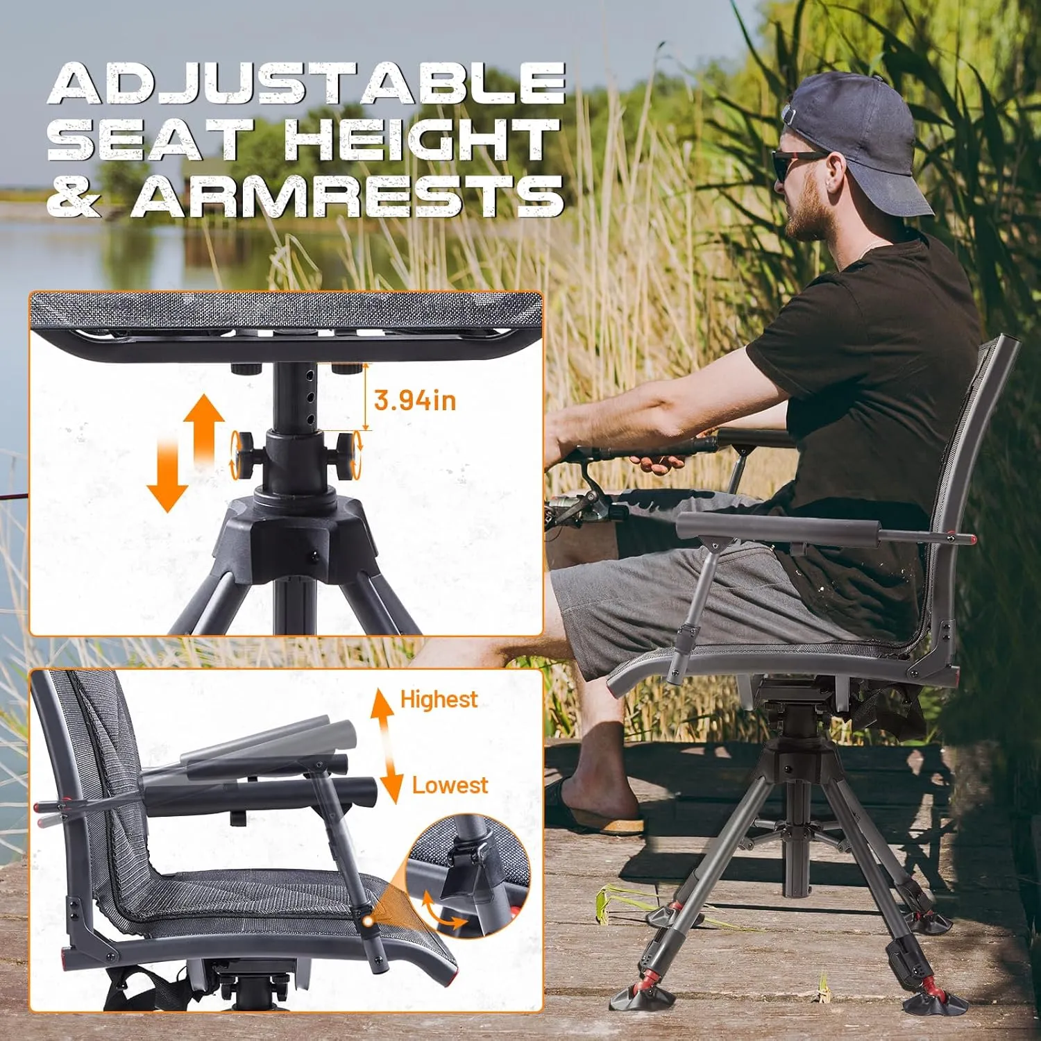 TR 360 Degree Swivel Hunting Chair,400 lbs Capacity Silent Hunting Blind Chair,4 Legs and Seat Armrests Height Adjustable,Comfortable Padded Seat,Portable Ground Hunting Chair for Deer Dove Hunting