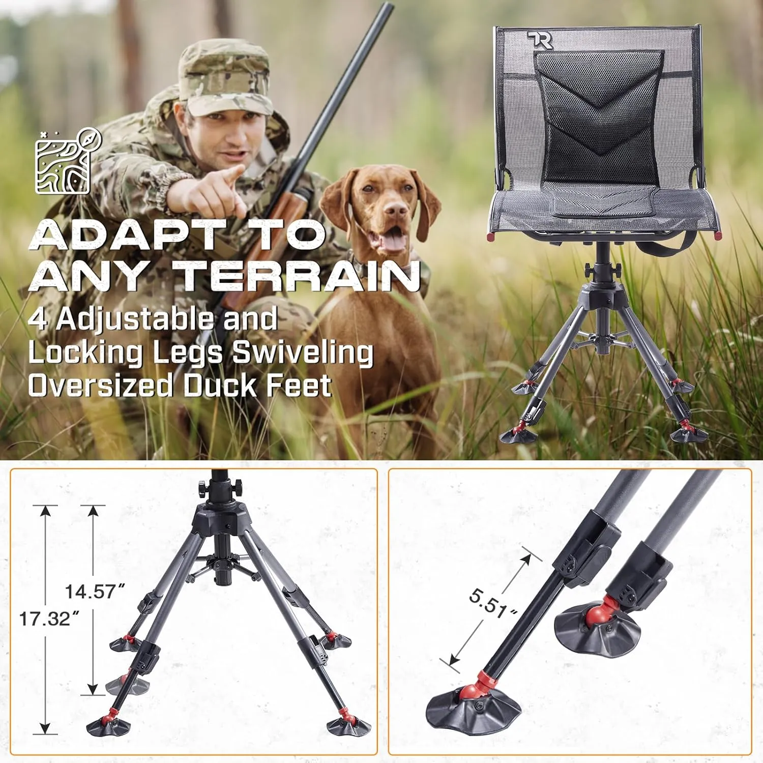 TR 360 Degree Swivel Hunting Chair,400 lbs Capacity Silent Hunting Blind Chair,4 Legs Height Adjustable,Comfortable Padded Seat,Portable Ground Hunting Chair for Deer Dove Hunting