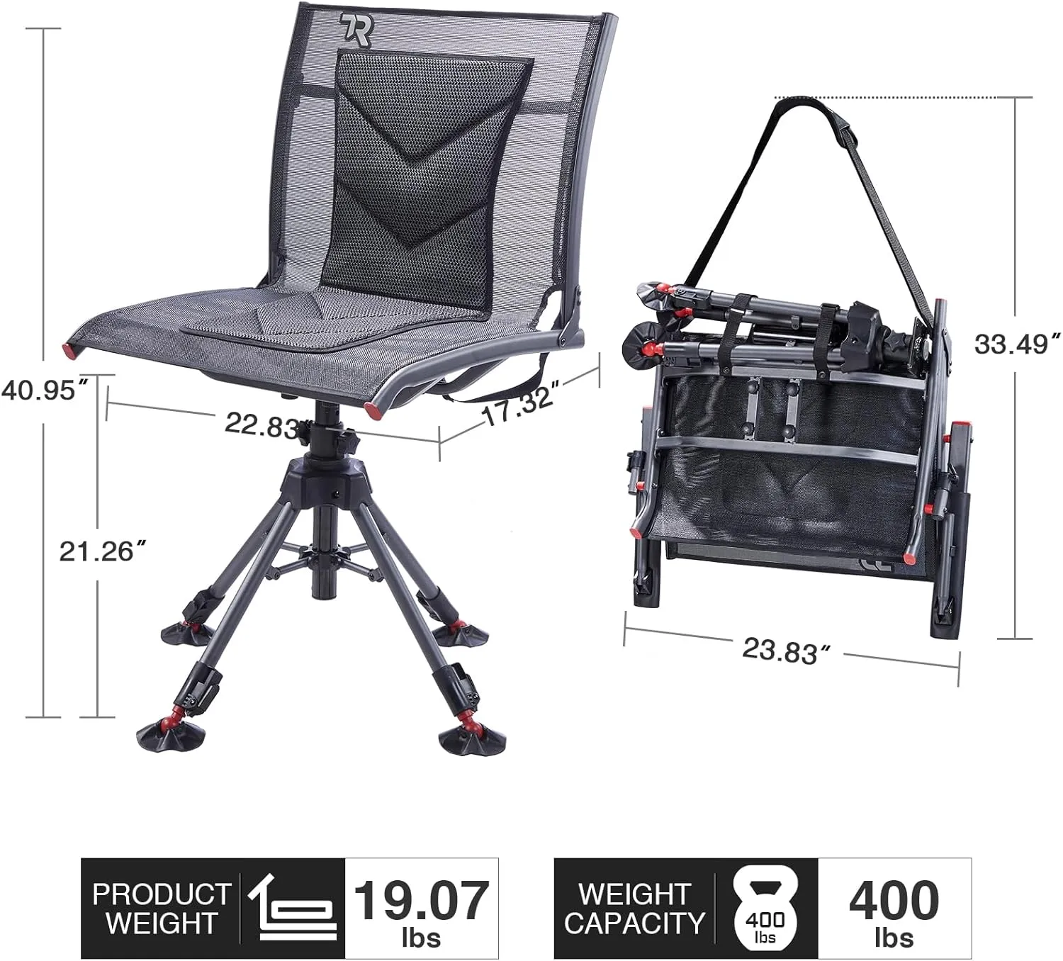 TR 360 Degree Swivel Hunting Chair,400 lbs Capacity Silent Hunting Blind Chair,4 Legs Height Adjustable,Comfortable Padded Seat,Portable Ground Hunting Chair for Deer Dove Hunting