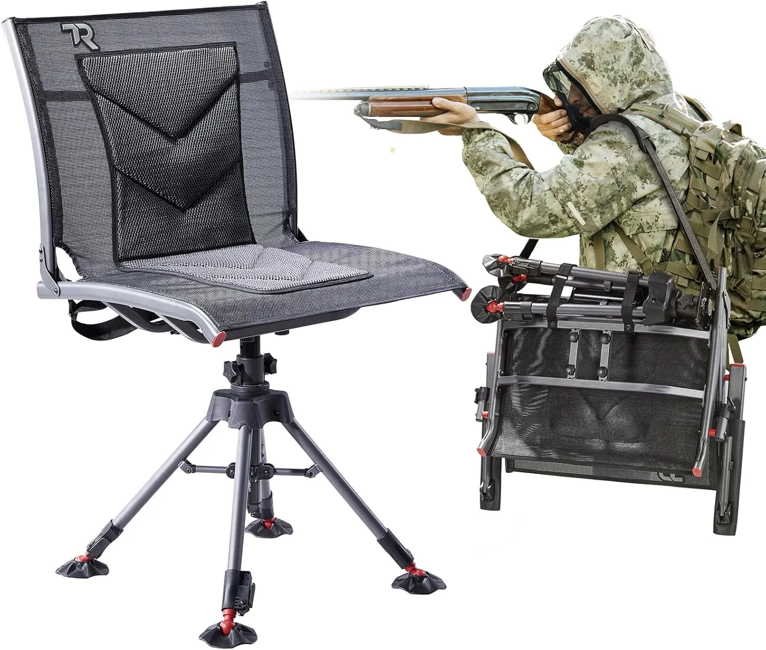 TR 360 Degree Swivel Hunting Chair,400 lbs Capacity Silent Hunting Blind Chair,4 Legs Height Adjustable,Comfortable Padded Seat,Portable Ground Hunting Chair for Deer Dove Hunting