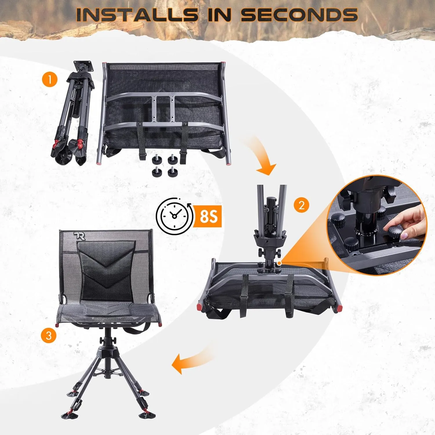 TR 360 Degree Swivel Hunting Chair,400 lbs Capacity Silent Hunting Blind Chair,4 Legs Height Adjustable,Comfortable Padded Seat,Portable Ground Hunting Chair for Deer Dove Hunting