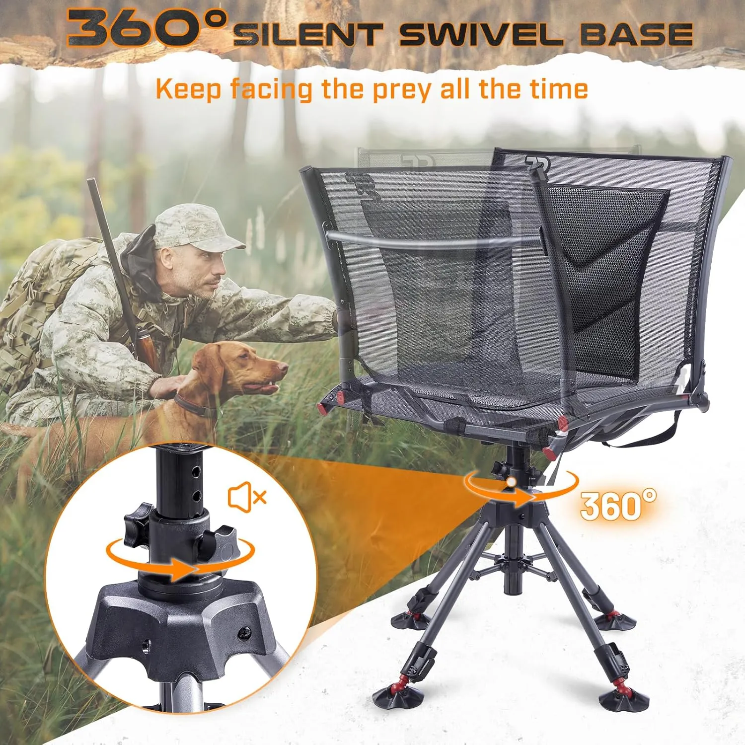 TR 360 Degree Swivel Hunting Chair,400 lbs Capacity Silent Hunting Blind Chair,4 Legs Height Adjustable,Comfortable Padded Seat,Portable Ground Hunting Chair for Deer Dove Hunting