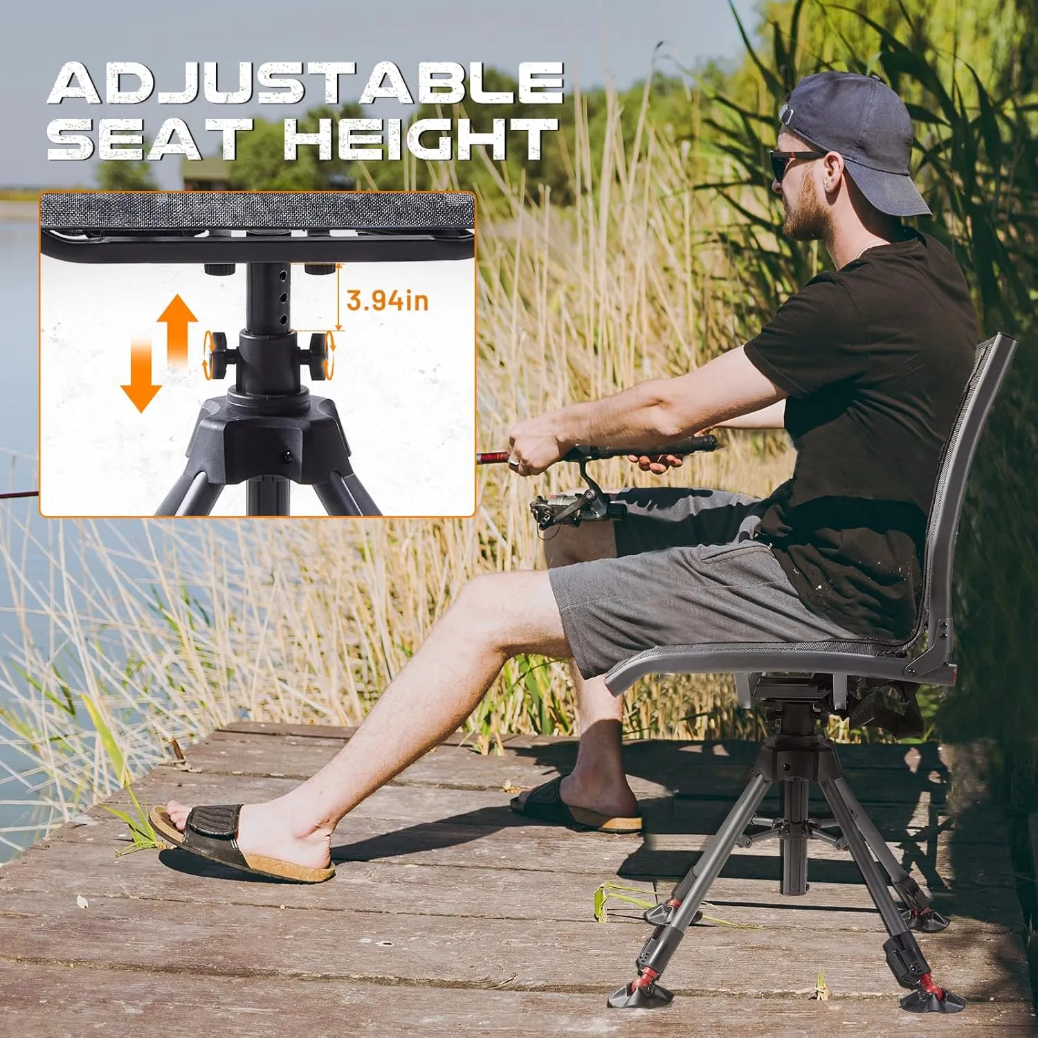 TR 360 Degree Swivel Hunting Chair,400 lbs Capacity Silent Hunting Blind Chair,4 Legs Height Adjustable,Comfortable Padded Seat,Portable Ground Hunting Chair for Deer Dove Hunting