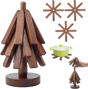 Tree Trivet Set of 3 Wooden Christmas Coasters Set, Foldable Folding Plate Multifunction Mat Pads Collapsible Insulation Natural Walnut Treevet Holder Stand for Hot Dishes Quartz Teapot Pan Kitchen