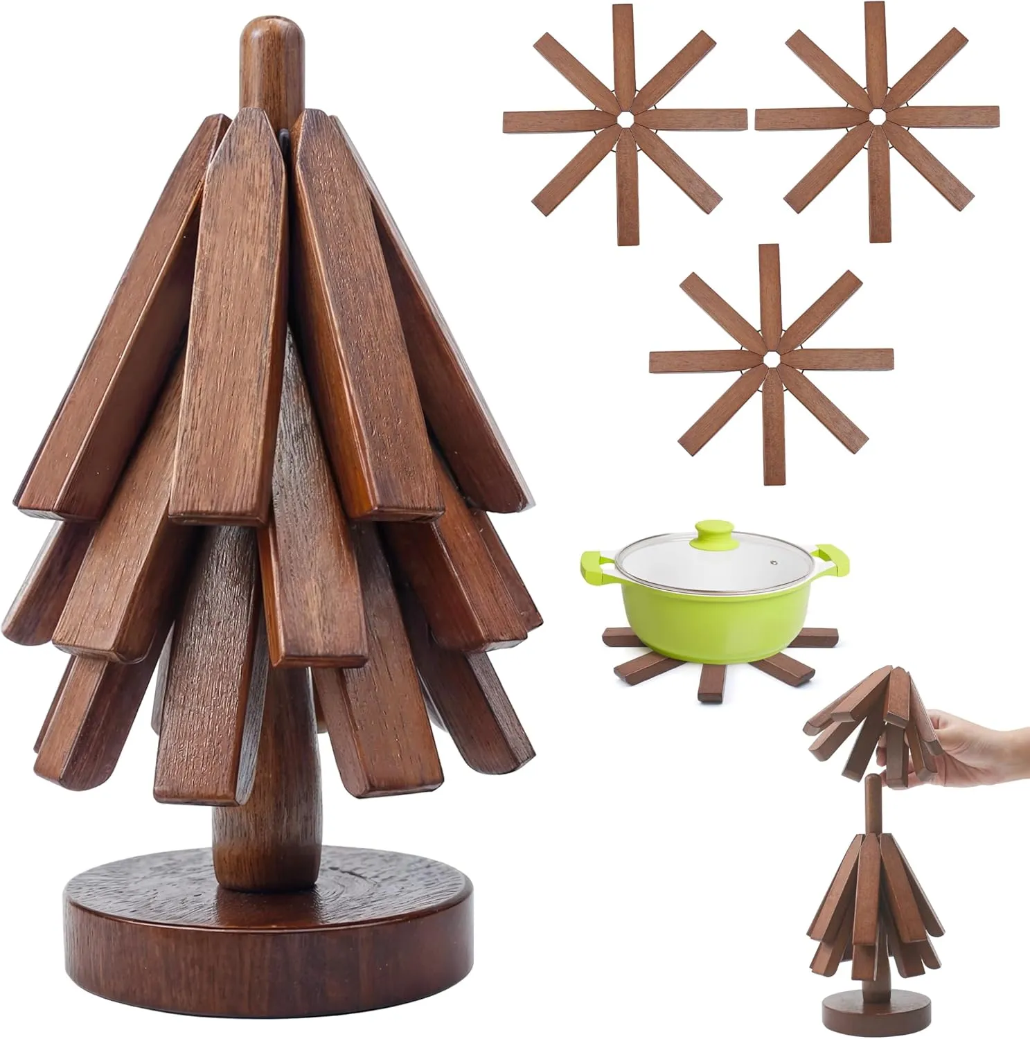 Tree Trivet Set of 3 Wooden Christmas Coasters Set, Foldable Folding Plate Multifunction Mat Pads Collapsible Insulation Natural Walnut Treevet Holder Stand for Hot Dishes Quartz Teapot Pan Kitchen