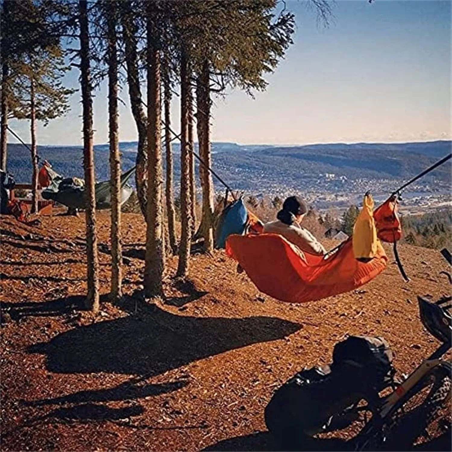 Triangle Hammock for Multiplayer Camping - Portable 3 Point Hammock with Carrying Bag, Ropes and Bug Net (Red)