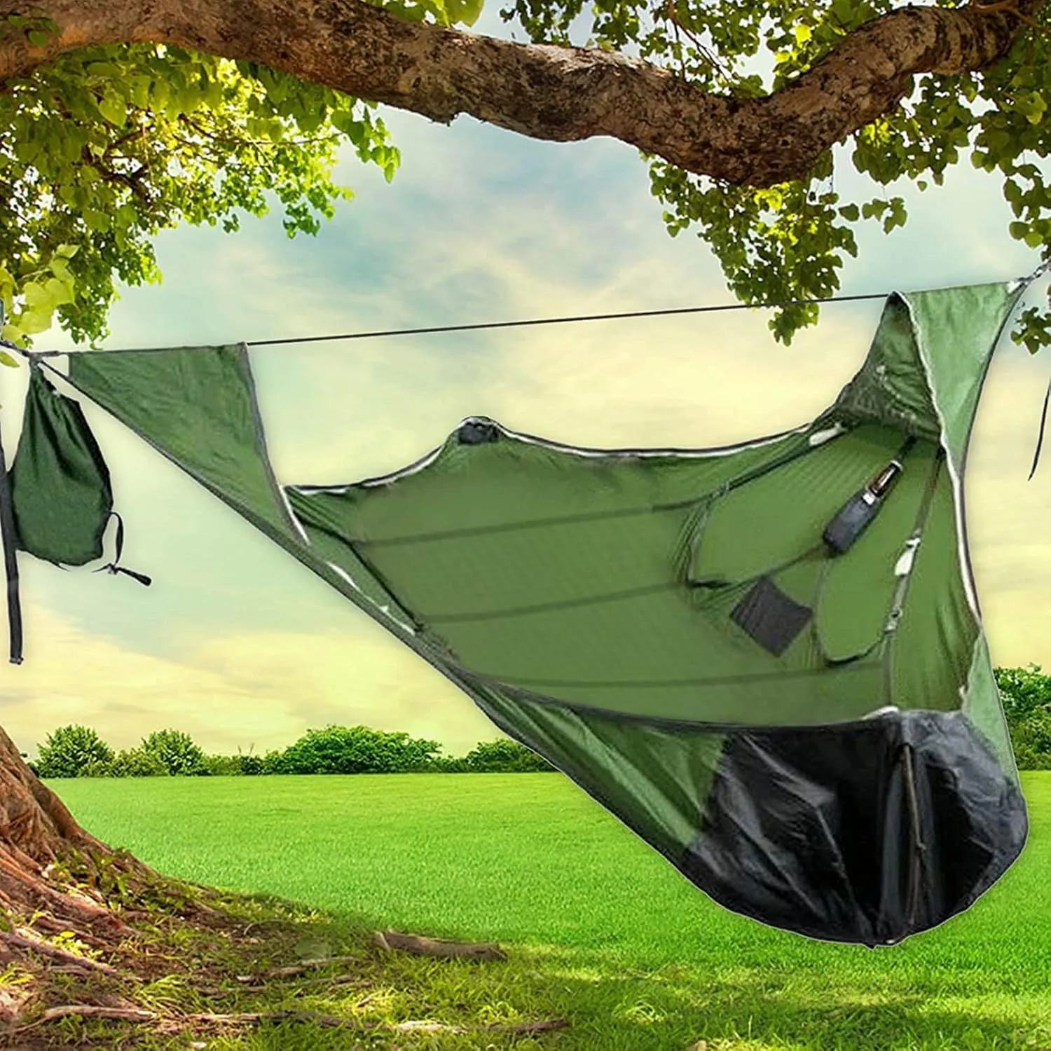 Triangle Hammock for Multiplayer Camping - Portable 3 Point Hammock with Carrying Bag, Ropes and Bug Net (Red)