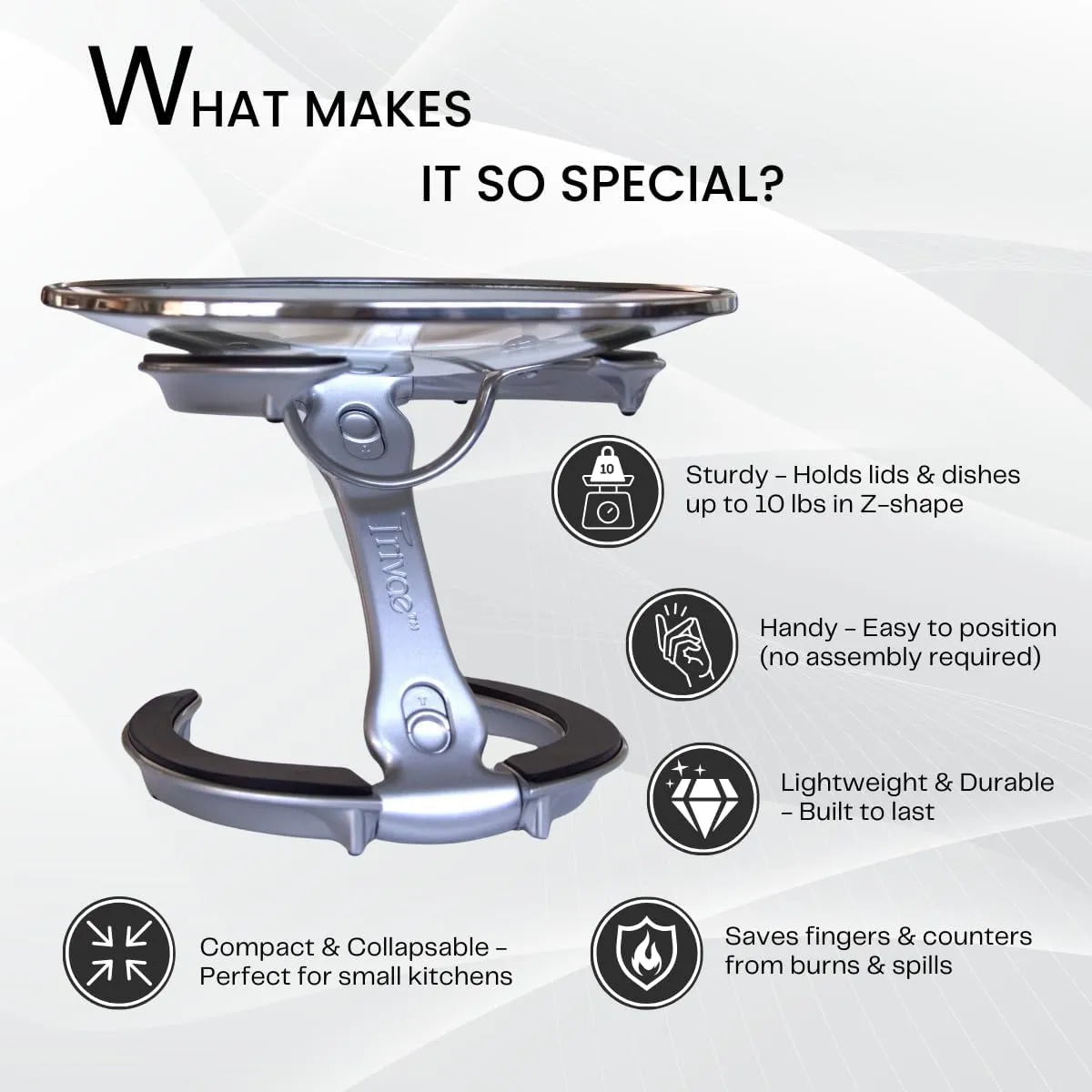 Trivae Lid Holder and Pot Holder, with Unique Trivet and Cake Stand Function - 4 in 1 Kitchen Accessory for The Cooking Lover