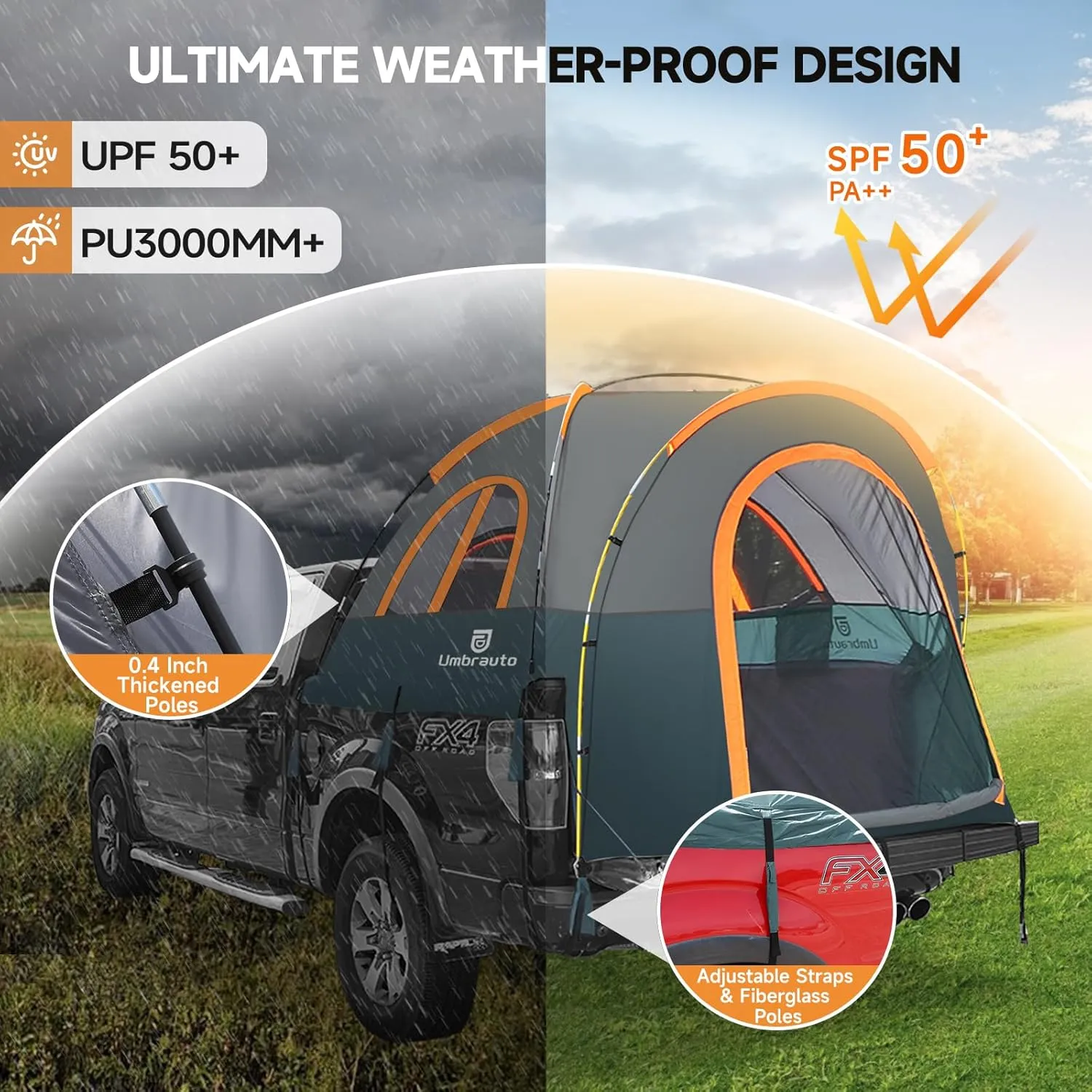 Truck Bed Tent 6.5ft: Easy Set Up Umburato Pickup Truck Tents for Camping, Waterproof PU3000mm Canopy for Truck Camper, Portable, Spacious for 2 Person Green