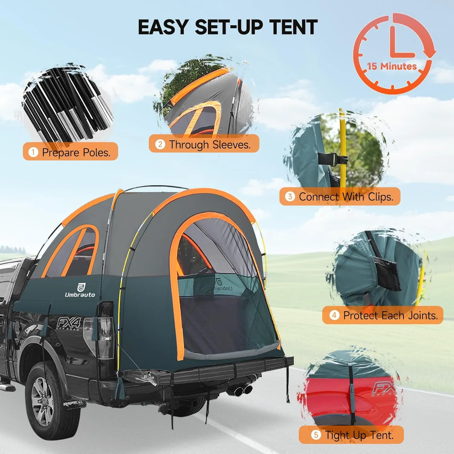 Truck Bed Tent 6.5ft: Easy Set Up Umburato Pickup Truck Tents for Camping, Waterproof PU3000mm Canopy for Truck Camper, Portable, Spacious for 2 Person Green