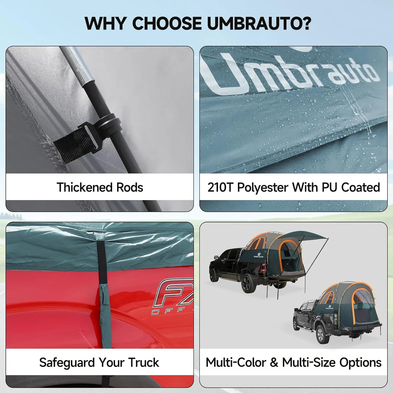 Truck Bed Tent 6.5ft: Easy Set Up Umburato Pickup Truck Tents for Camping, Waterproof PU3000mm Canopy for Truck Camper, Portable, Spacious for 2 Person Green
