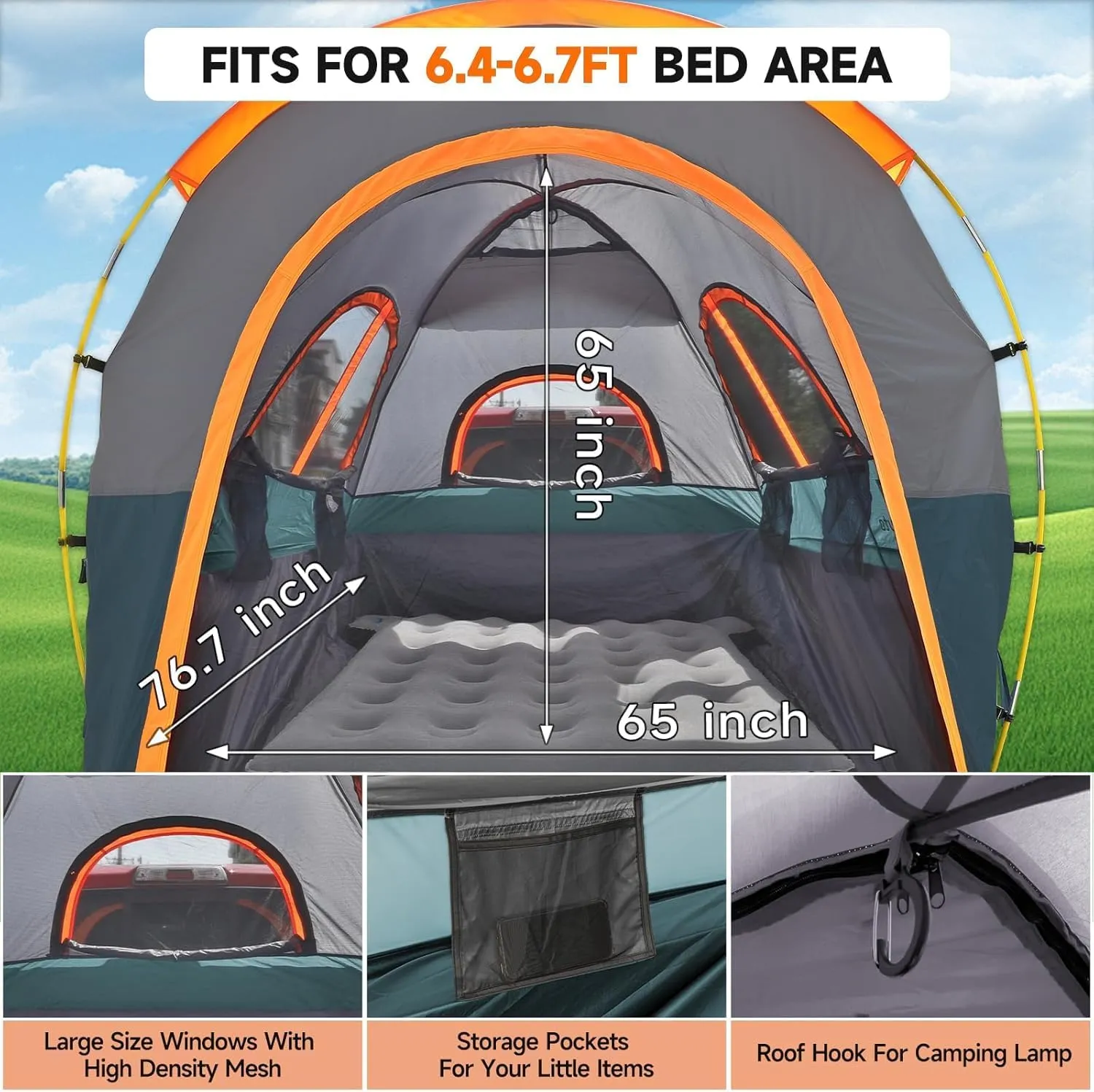 Truck Bed Tent 6.5ft: Easy Set Up Umburato Pickup Truck Tents for Camping, Waterproof PU3000mm Canopy for Truck Camper, Portable, Spacious for 2 Person Green