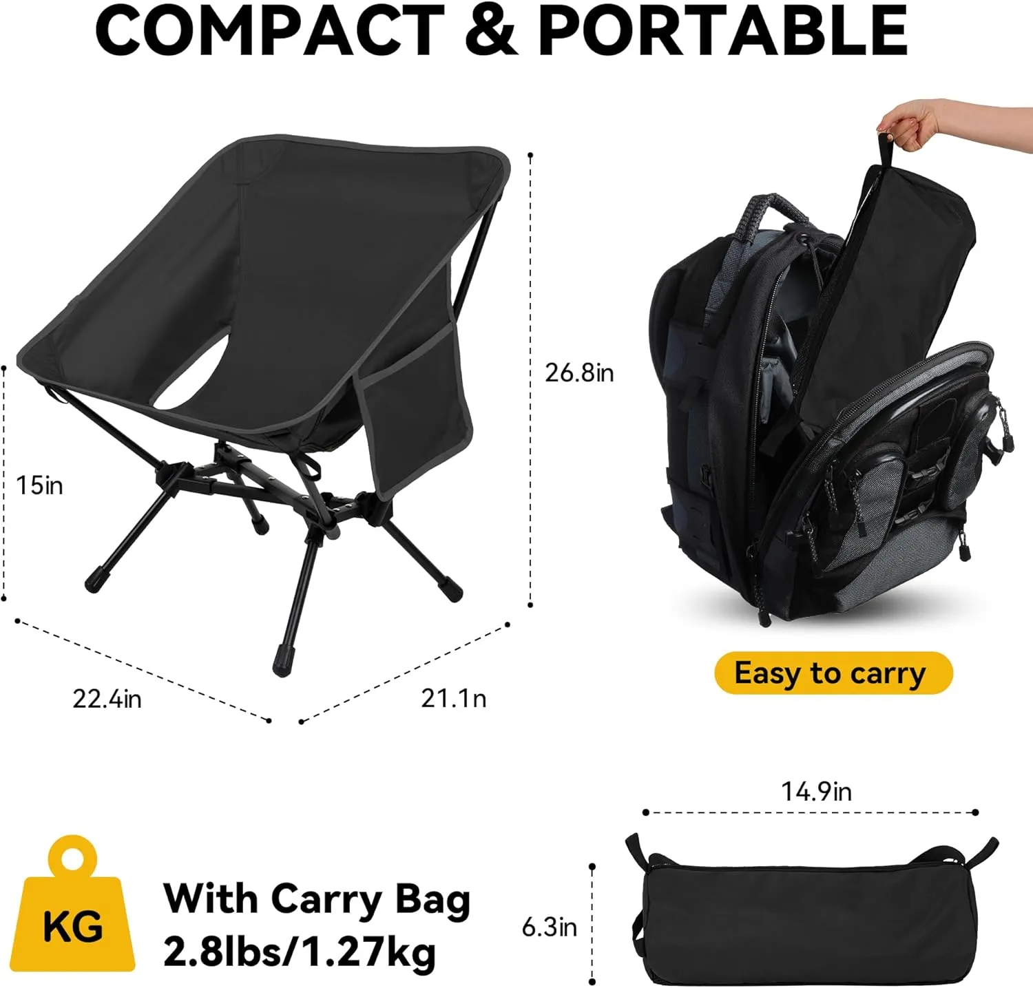 Ultralight Camping Chair, Support up to 330 LBS, Portable Folding Backpacking Chair for Outdoor Camp, Travel, Beach, Picnic, Hiking, Backpacking (Black)