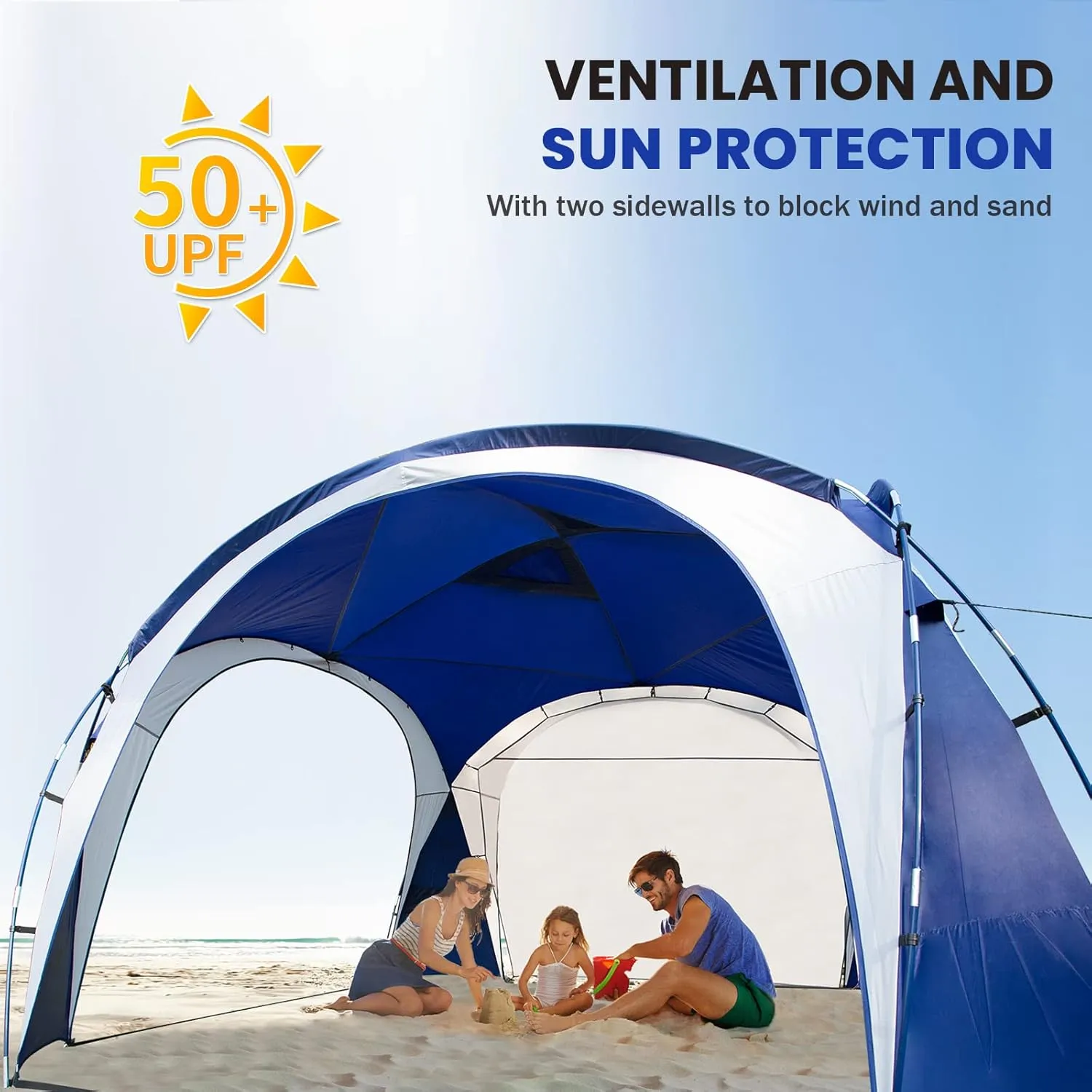 UNP Easy Beach Tent Pop Up Canopy UPF50  Tent with Side Wall, Ground Pegs, and Stability Poles, Sun Shelter Rainproof, Waterproof for Camping Trips, Backyard Fun, Party Or Picnics