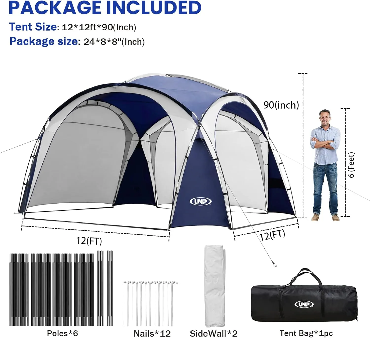 UNP Easy Beach Tent Pop Up Canopy UPF50  Tent with Side Wall, Ground Pegs, and Stability Poles, Sun Shelter Rainproof, Waterproof for Camping Trips, Backyard Fun, Party Or Picnics
