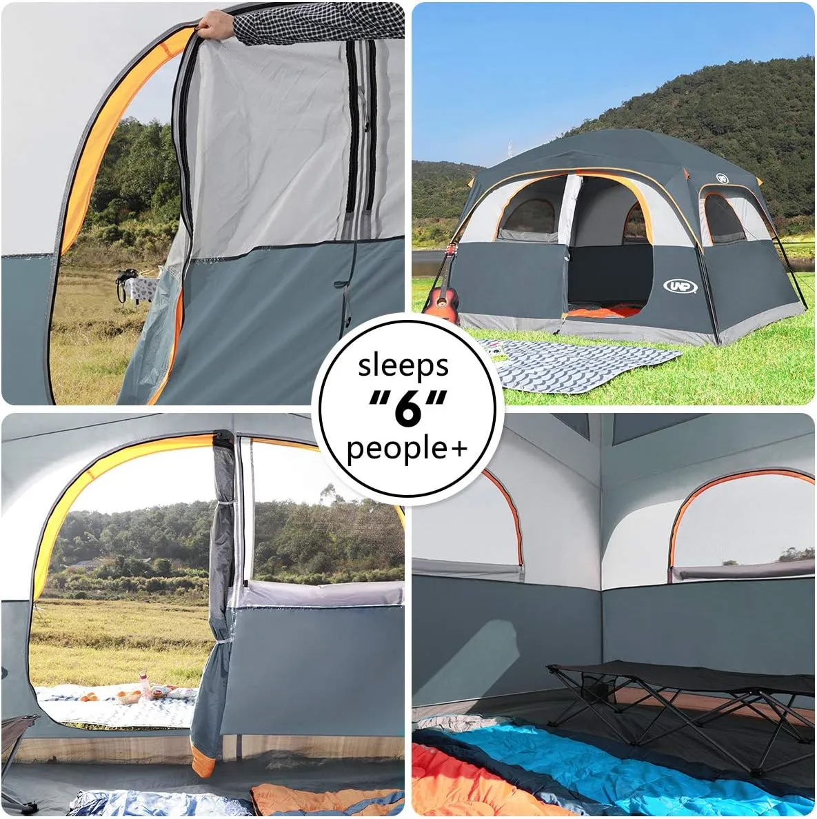 UNP Tents 6 Person Waterproof Windproof Easy Setup,Double Layer Family Camping Tent with 1 Mesh Door & 5 Large Mesh Windows -10'X9'X78in(H)