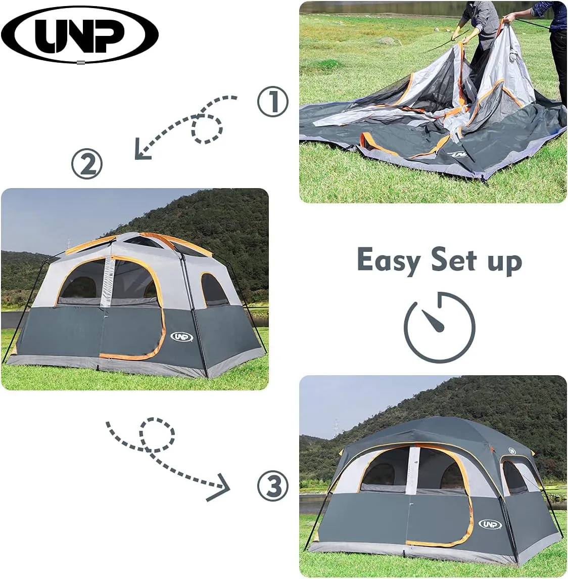 UNP Tents 6 Person Waterproof Windproof Easy Setup,Double Layer Family Camping Tent with 1 Mesh Door & 5 Large Mesh Windows -10'X9'X78in(H)