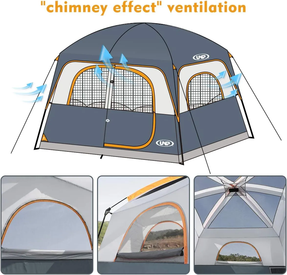 UNP Tents 6 Person Waterproof Windproof Easy Setup,Double Layer Family Camping Tent with 1 Mesh Door & 5 Large Mesh Windows -10'X9'X78in(H)