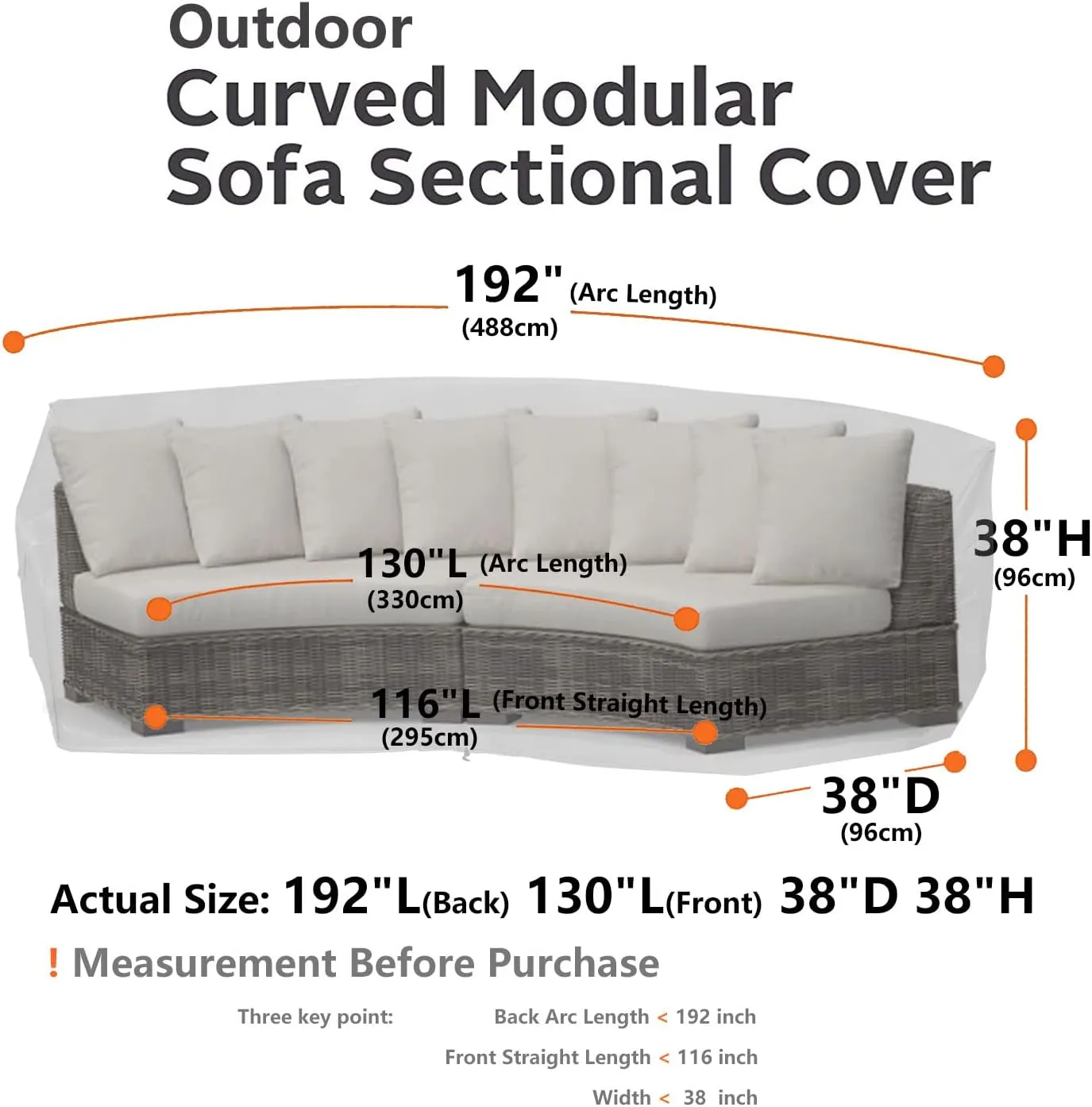 Upgraded Curved Patio Furniture Covers, Waterproof Outdoor Sectional Cover, 600D PU Outdoor Furniture Sofa Covers 190"(128") Half Moon Oudoor Couch Cover, Lawn Outside Protector- Midnight Black