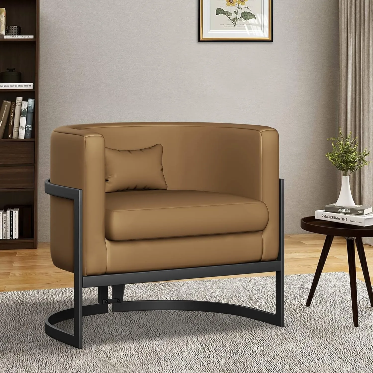 Upholstered Modern Living Room Chairs Barrel Accent Chair, Faux Leather Armchair Mid Century Lounge Chair Anti Scratch Sofa Tub Bucket Club Side Chair for Bedroom-Brown
