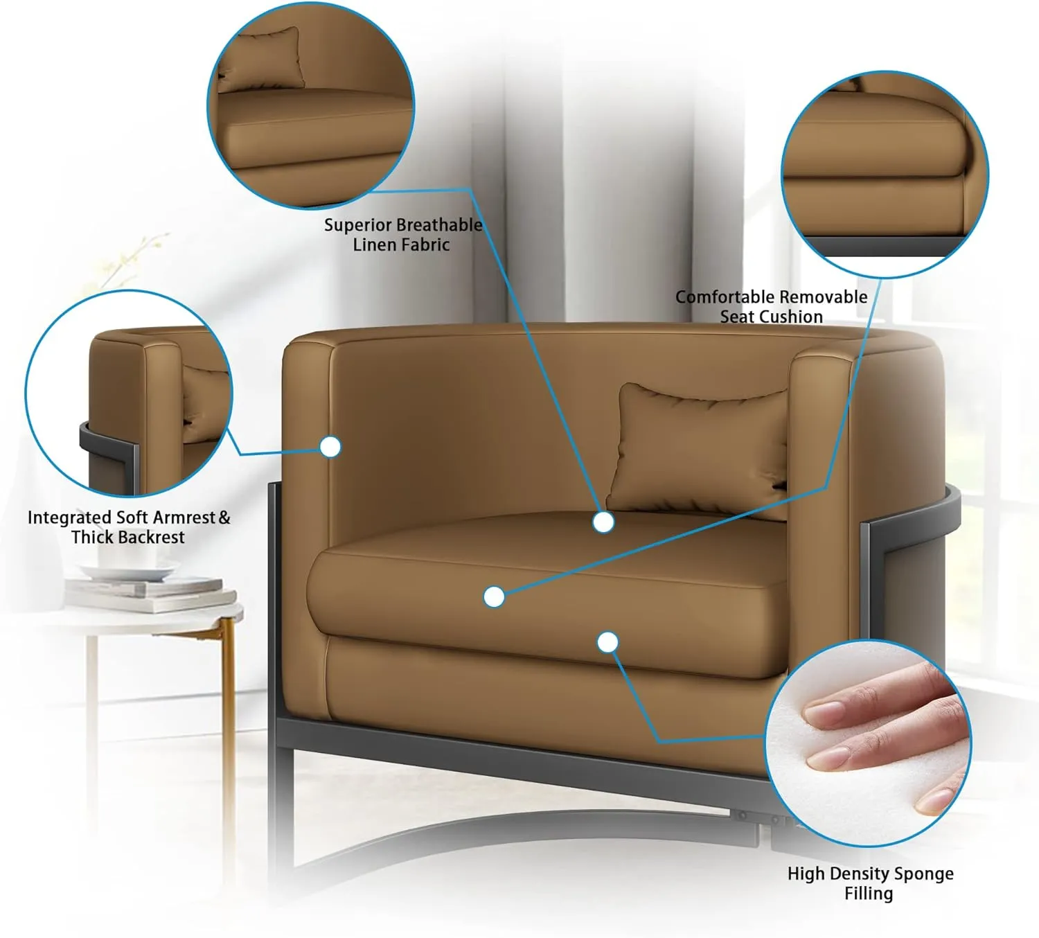 Upholstered Modern Living Room Chairs Barrel Accent Chair, Faux Leather Armchair Mid Century Lounge Chair Anti Scratch Sofa Tub Bucket Club Side Chair for Bedroom-Brown