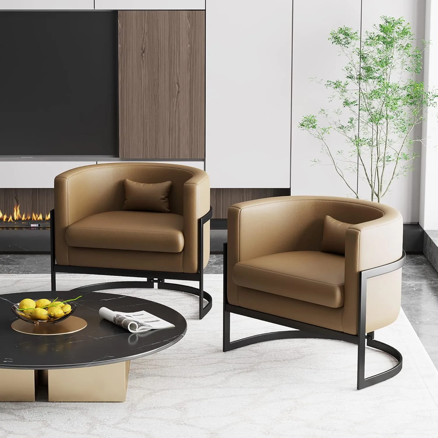Upholstered Modern Living Room Chairs Barrel Accent Chair, Faux Leather Armchair Mid Century Lounge Chair Anti Scratch Sofa Tub Bucket Club Side Chair for Bedroom-Brown
