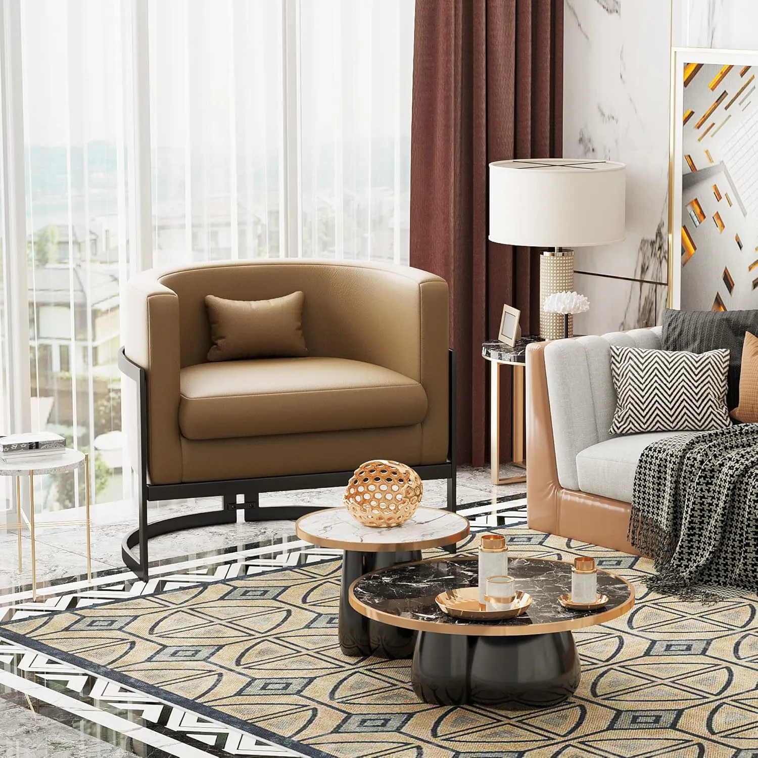 Upholstered Modern Living Room Chairs Barrel Accent Chair, Faux Leather Armchair Mid Century Lounge Chair Anti Scratch Sofa Tub Bucket Club Side Chair for Bedroom-Brown